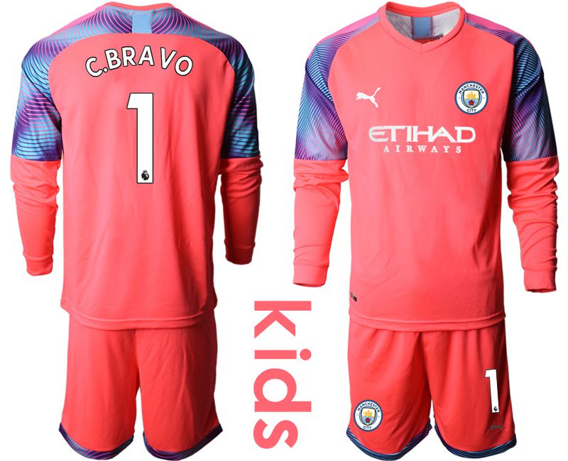 Youth 2019-2020 club Manchester City pink goalkeeper long sleeve #1 Soccer Jerseys->customized soccer jersey->Custom Jersey